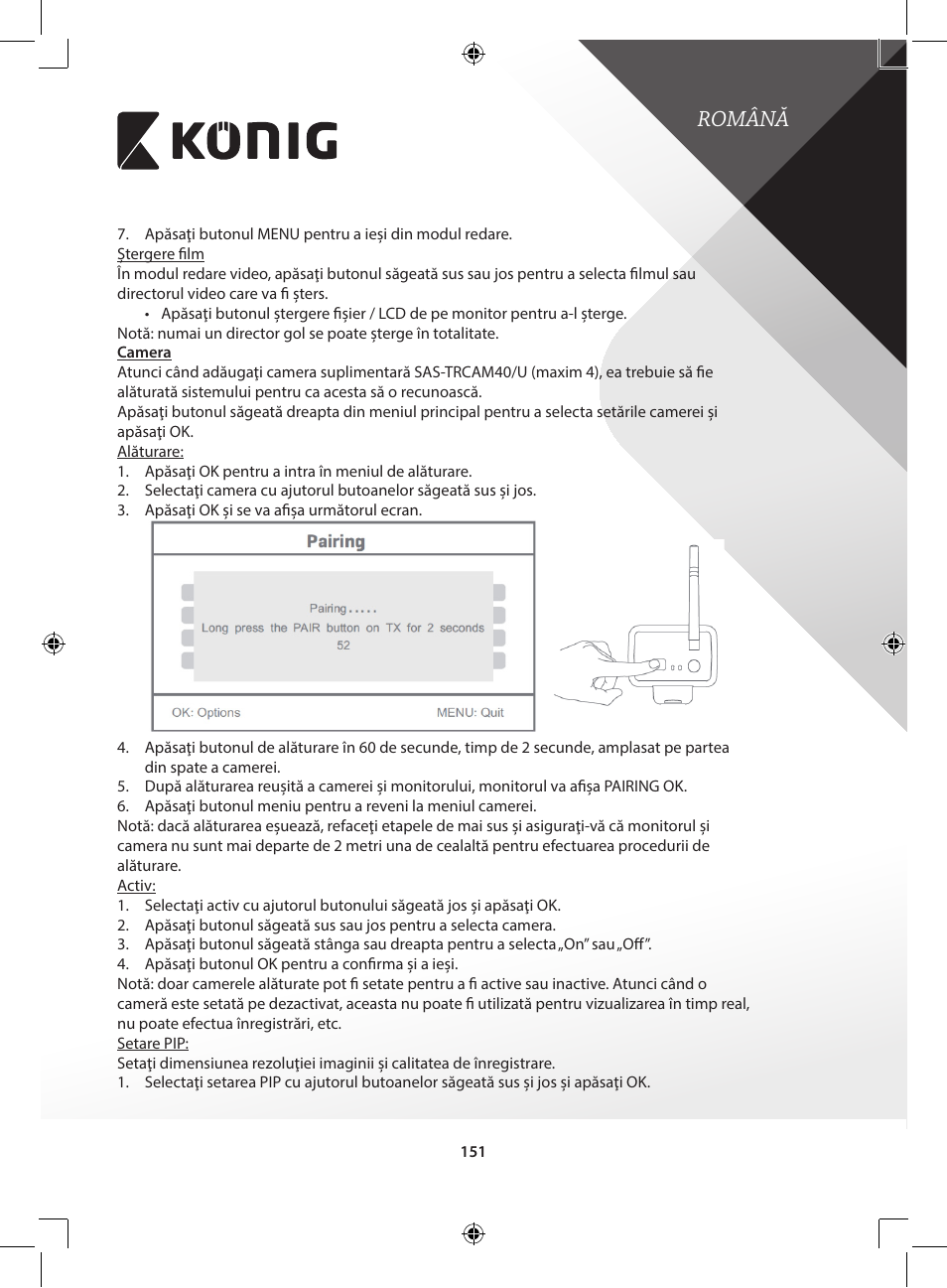 Română | Konig Electronic Digital 2.4 GHz wireless camera for SEC-TRANS60 User Manual | Page 151 / 309