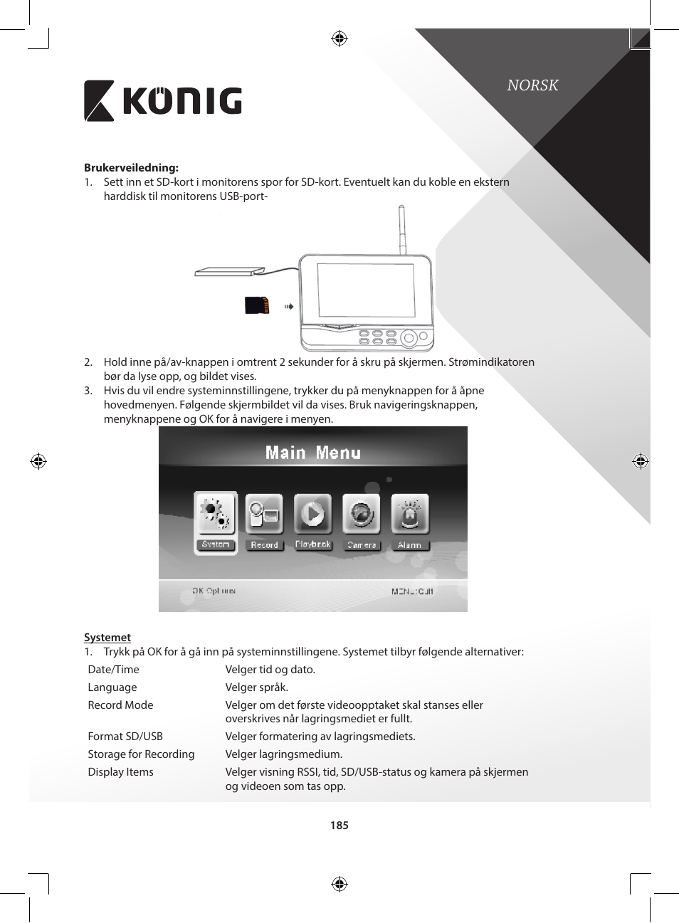 Norsk | Konig Electronic Digital 2.4 GHz wireless camera for SEC-TRANS60 User Manual | Page 185 / 309