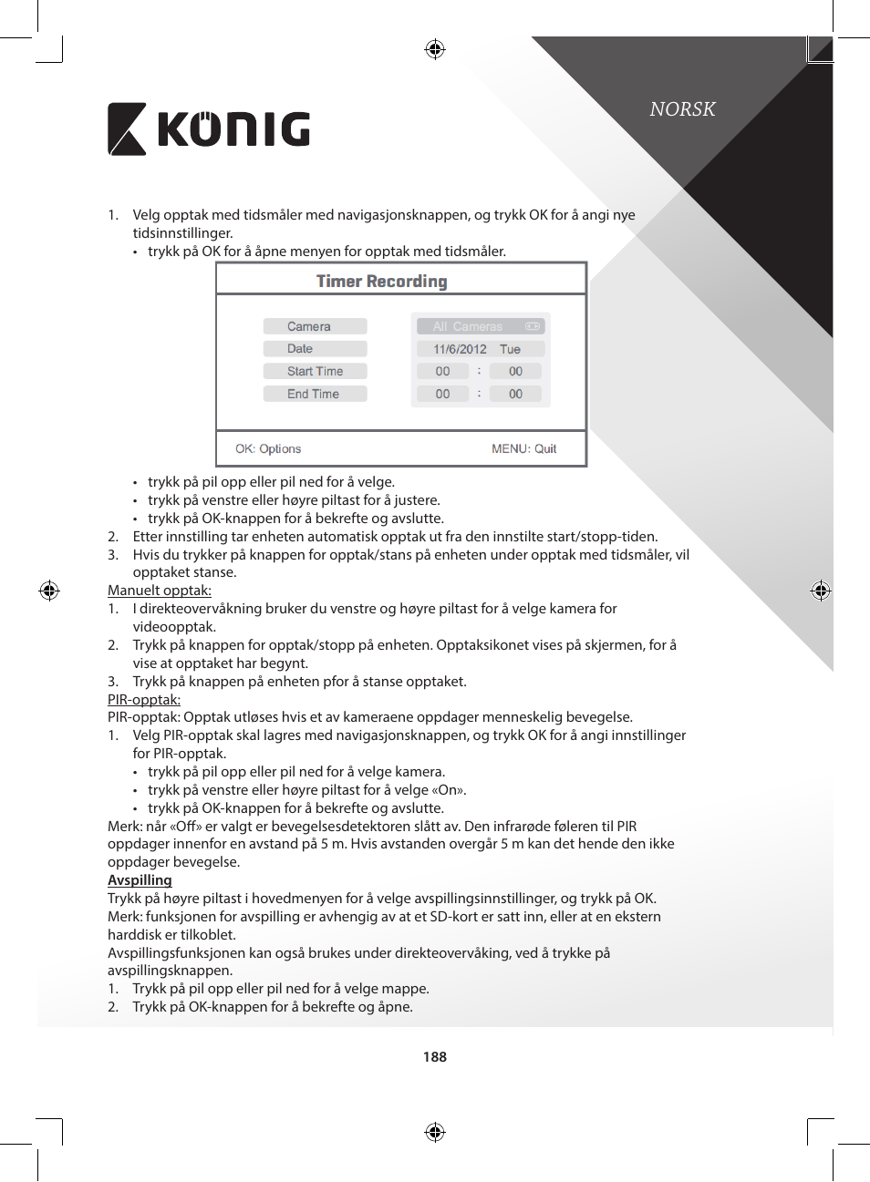 Norsk | Konig Electronic Digital 2.4 GHz wireless camera for SEC-TRANS60 User Manual | Page 188 / 309