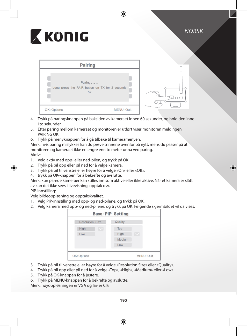 Norsk | Konig Electronic Digital 2.4 GHz wireless camera for SEC-TRANS60 User Manual | Page 190 / 309
