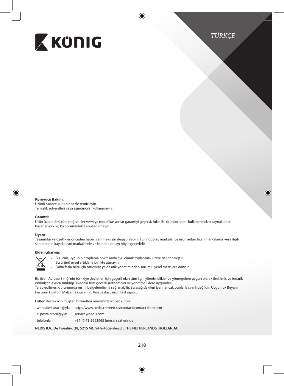 Türkçe | Konig Electronic Digital 2.4 GHz wireless camera for SEC-TRANS60 User Manual | Page 218 / 309