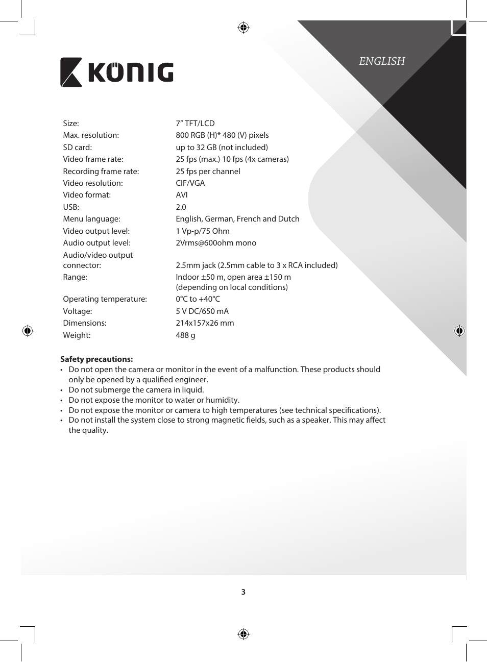 English | Konig Electronic Digital 2.4 GHz wireless camera for SEC-TRANS60 User Manual | Page 3 / 309