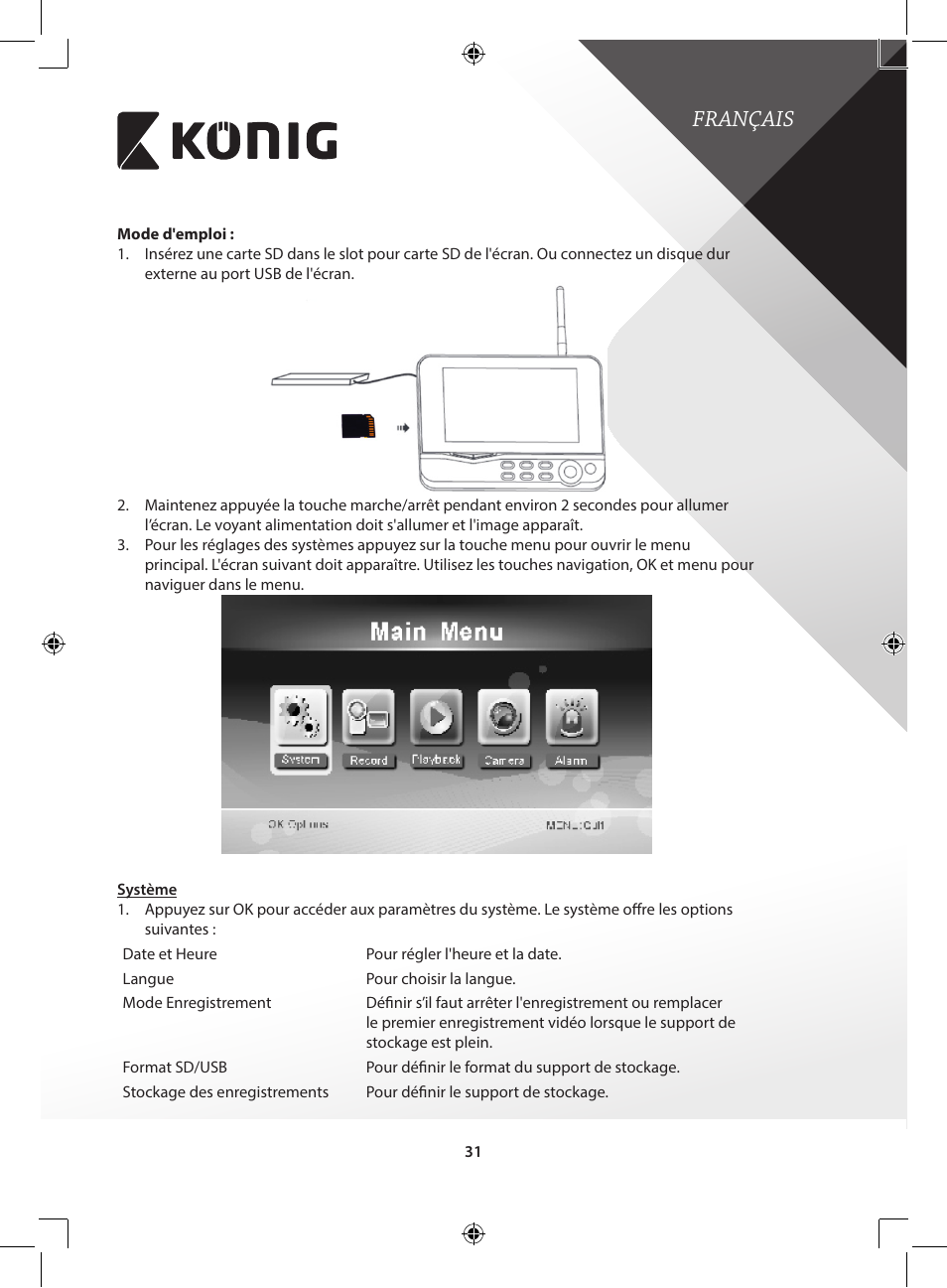 Français | Konig Electronic Digital 2.4 GHz wireless camera for SEC-TRANS60 User Manual | Page 31 / 309