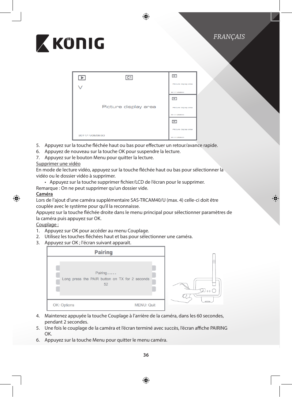 Français | Konig Electronic Digital 2.4 GHz wireless camera for SEC-TRANS60 User Manual | Page 36 / 309