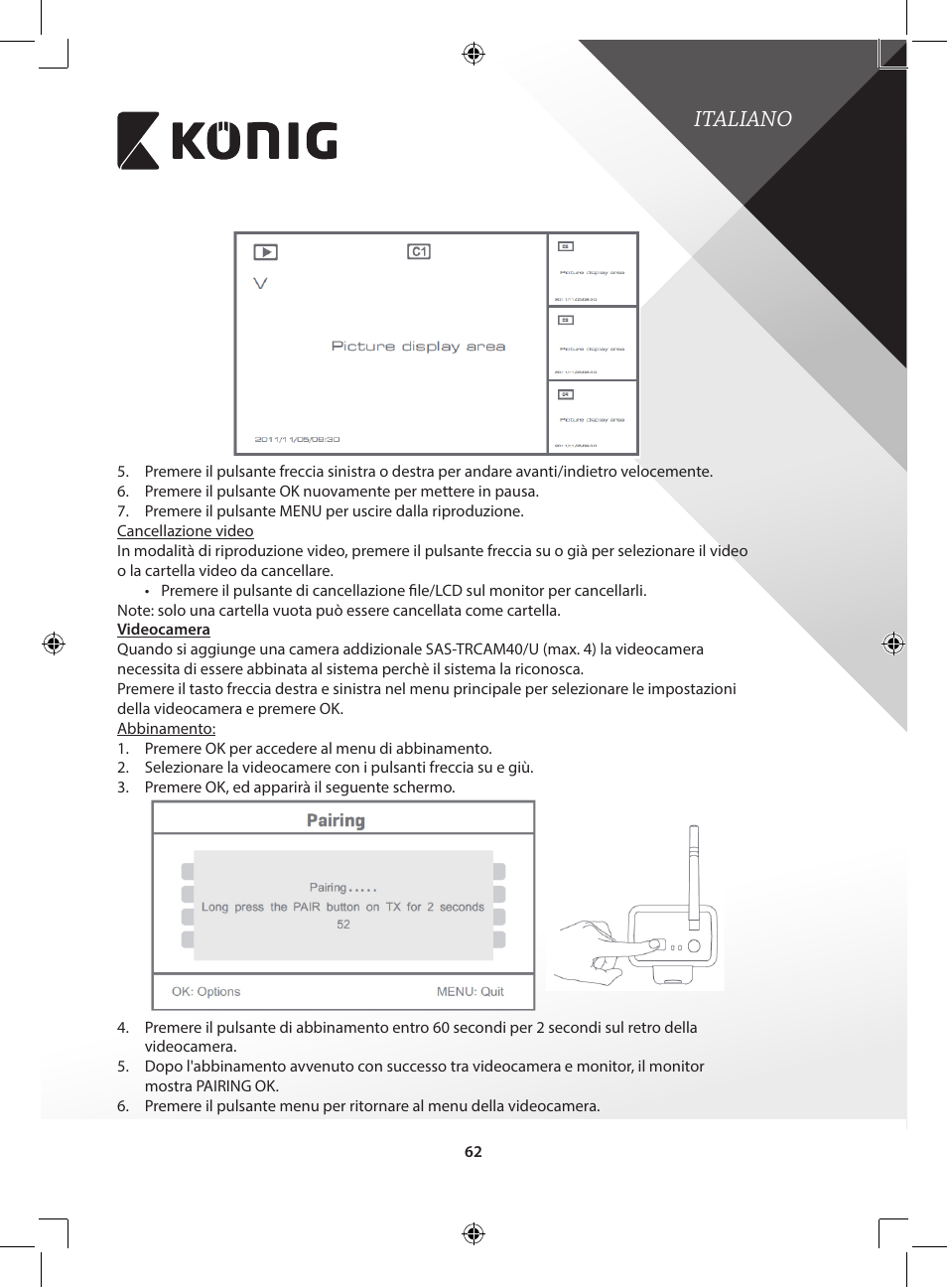 Italiano | Konig Electronic Digital 2.4 GHz wireless camera for SEC-TRANS60 User Manual | Page 62 / 309