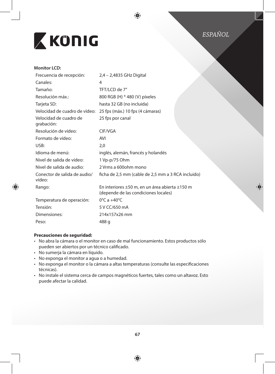 Español | Konig Electronic Digital 2.4 GHz wireless camera for SEC-TRANS60 User Manual | Page 67 / 309