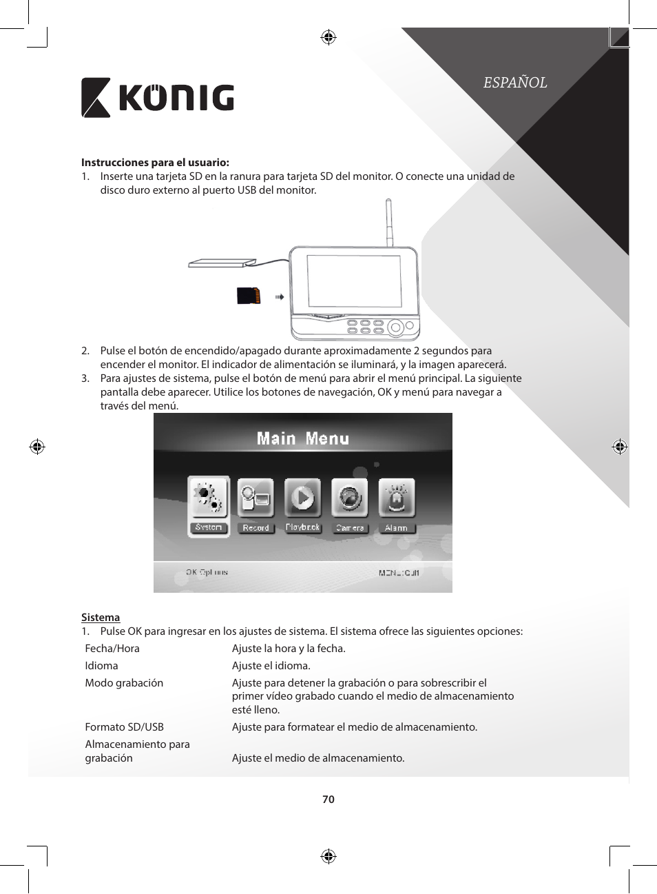 Español | Konig Electronic Digital 2.4 GHz wireless camera for SEC-TRANS60 User Manual | Page 70 / 309