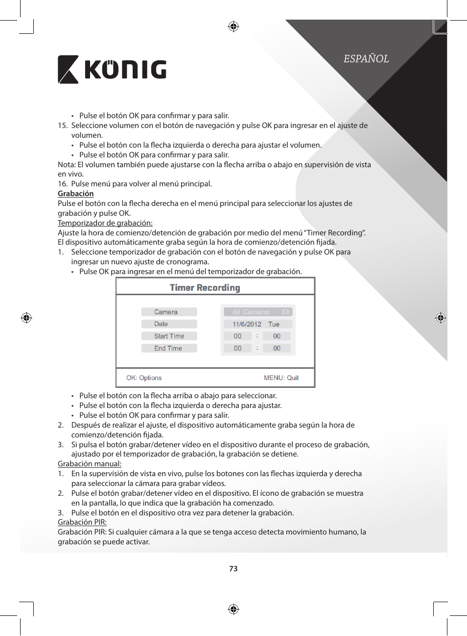 Español | Konig Electronic Digital 2.4 GHz wireless camera for SEC-TRANS60 User Manual | Page 73 / 309