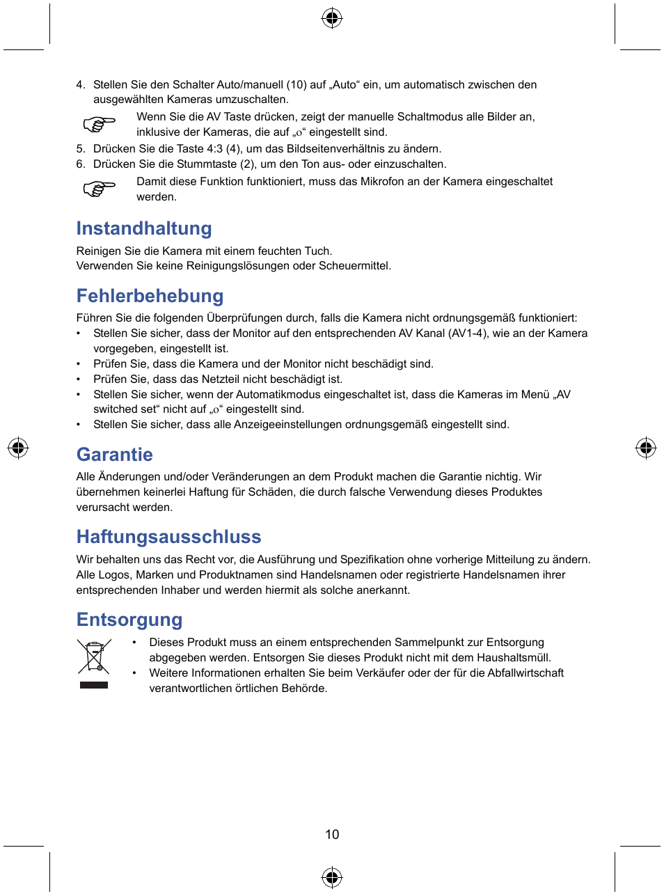 Instandhaltung, Fehlerbehebung, Garantie | Haftungsausschluss, Entsorgung | Konig Electronic 7" LCD monitor with camera User Manual | Page 10 / 59