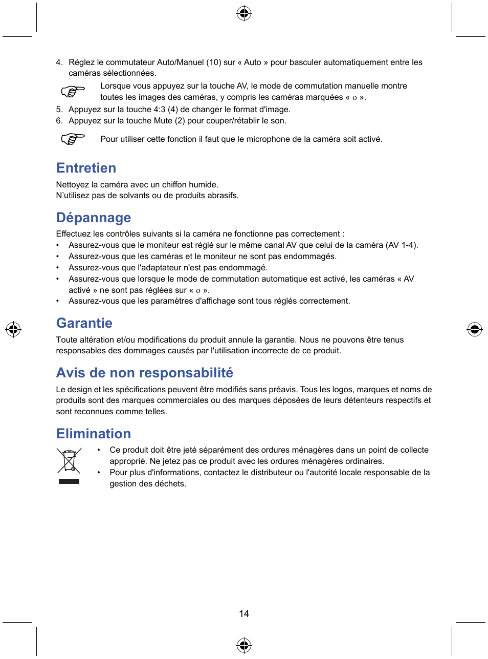 Entretien, Dépannage, Garantie | Avis de non responsabilité, Elimination | Konig Electronic 7" LCD monitor with camera User Manual | Page 14 / 59
