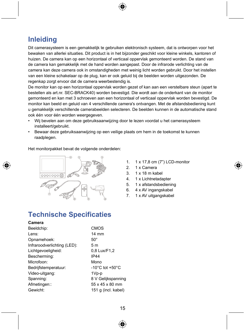 Inleiding, Technische specificaties | Konig Electronic 7" LCD monitor with camera User Manual | Page 15 / 59