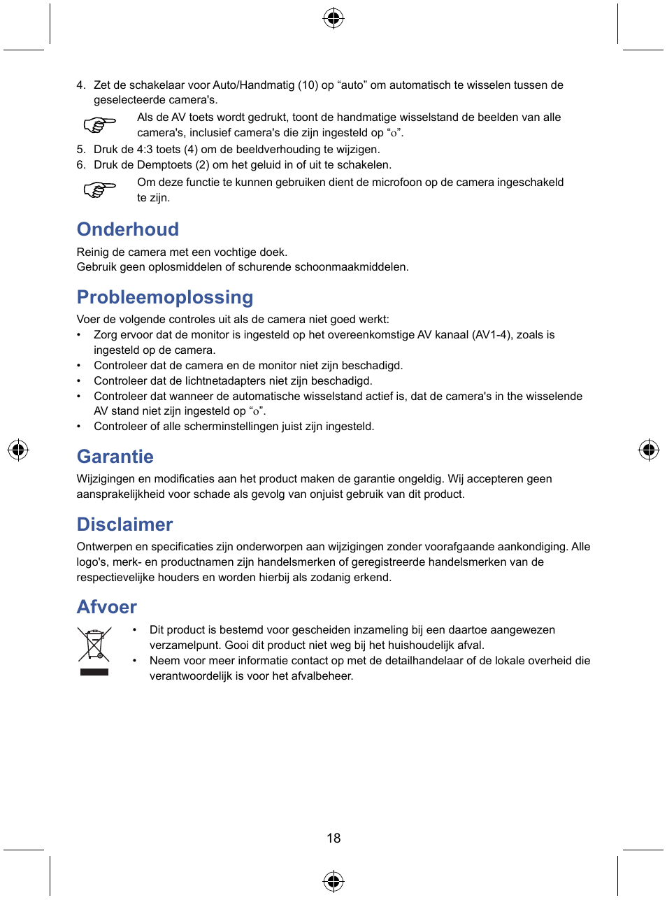 Onderhoud, Probleemoplossing, Garantie | Disclaimer, Afvoer | Konig Electronic 7" LCD monitor with camera User Manual | Page 18 / 59