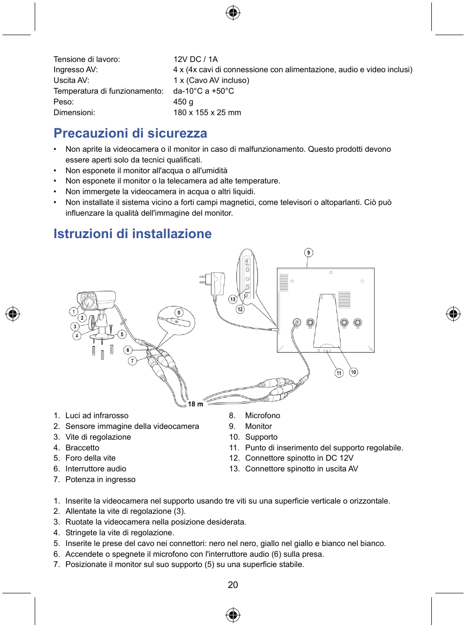 Precauzioni di sicurezza, Istruzioni di installazione | Konig Electronic 7" LCD monitor with camera User Manual | Page 20 / 59