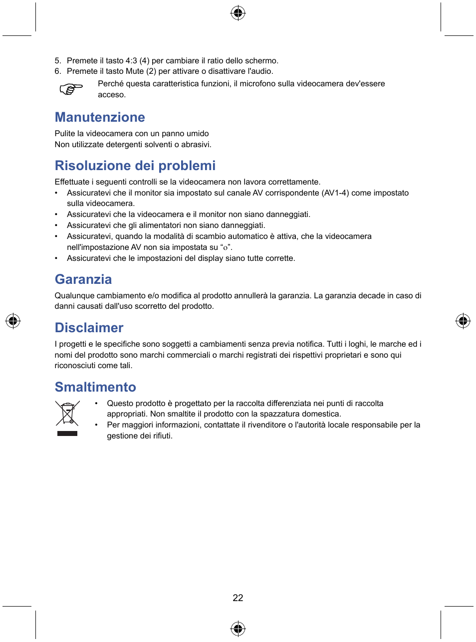 Manutenzione, Risoluzione dei problemi, Garanzia | Disclaimer, Smaltimento | Konig Electronic 7" LCD monitor with camera User Manual | Page 22 / 59