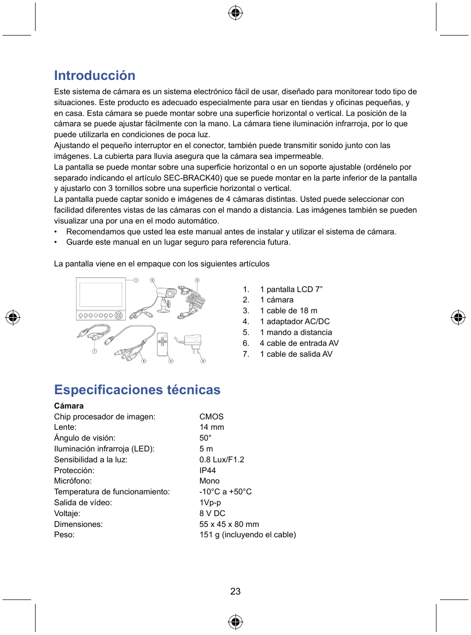 Introducción, Especificaciones técnicas | Konig Electronic 7" LCD monitor with camera User Manual | Page 23 / 59