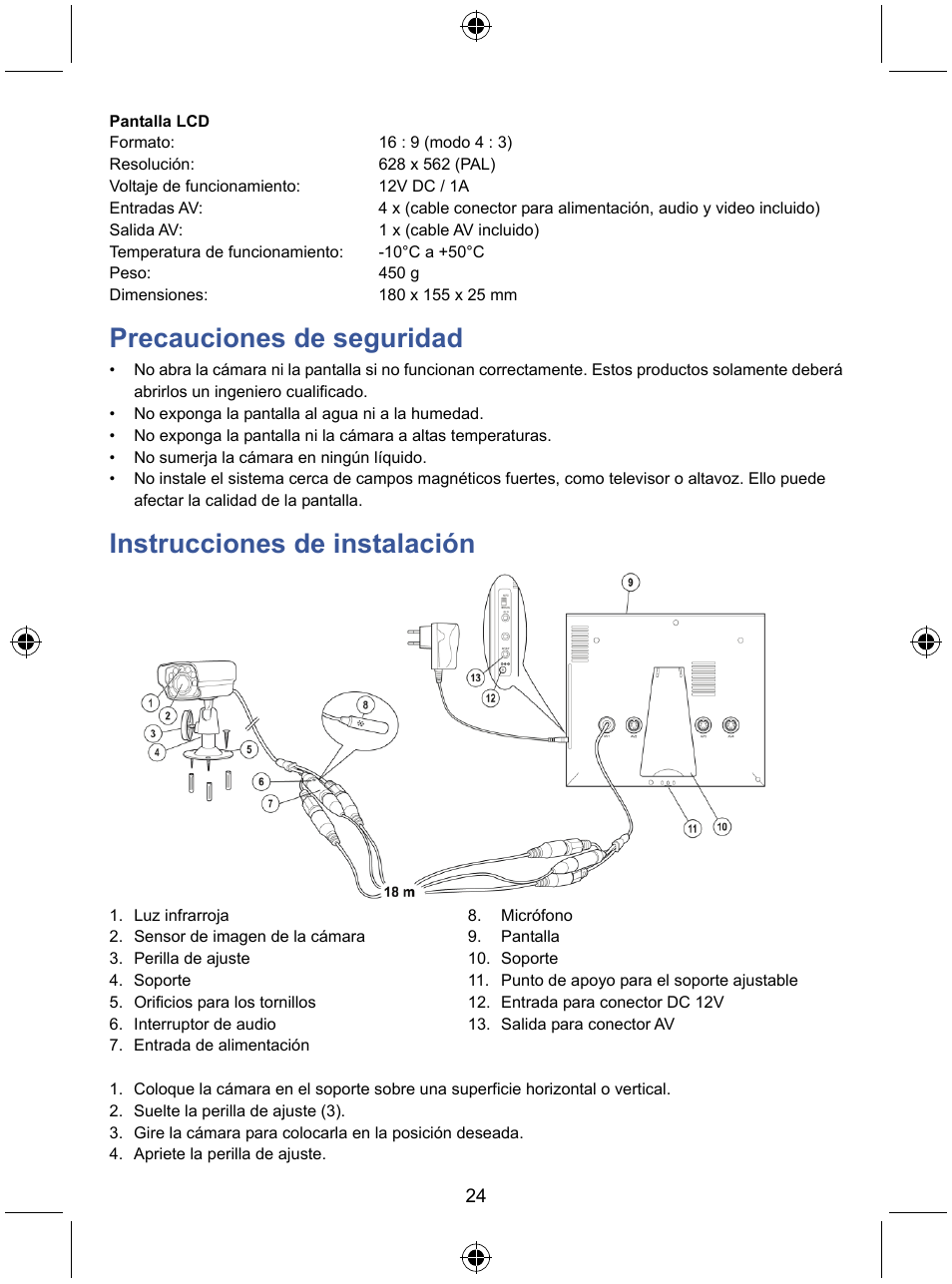 Precauciones de seguridad, Instrucciones de instalación | Konig Electronic 7" LCD monitor with camera User Manual | Page 24 / 59
