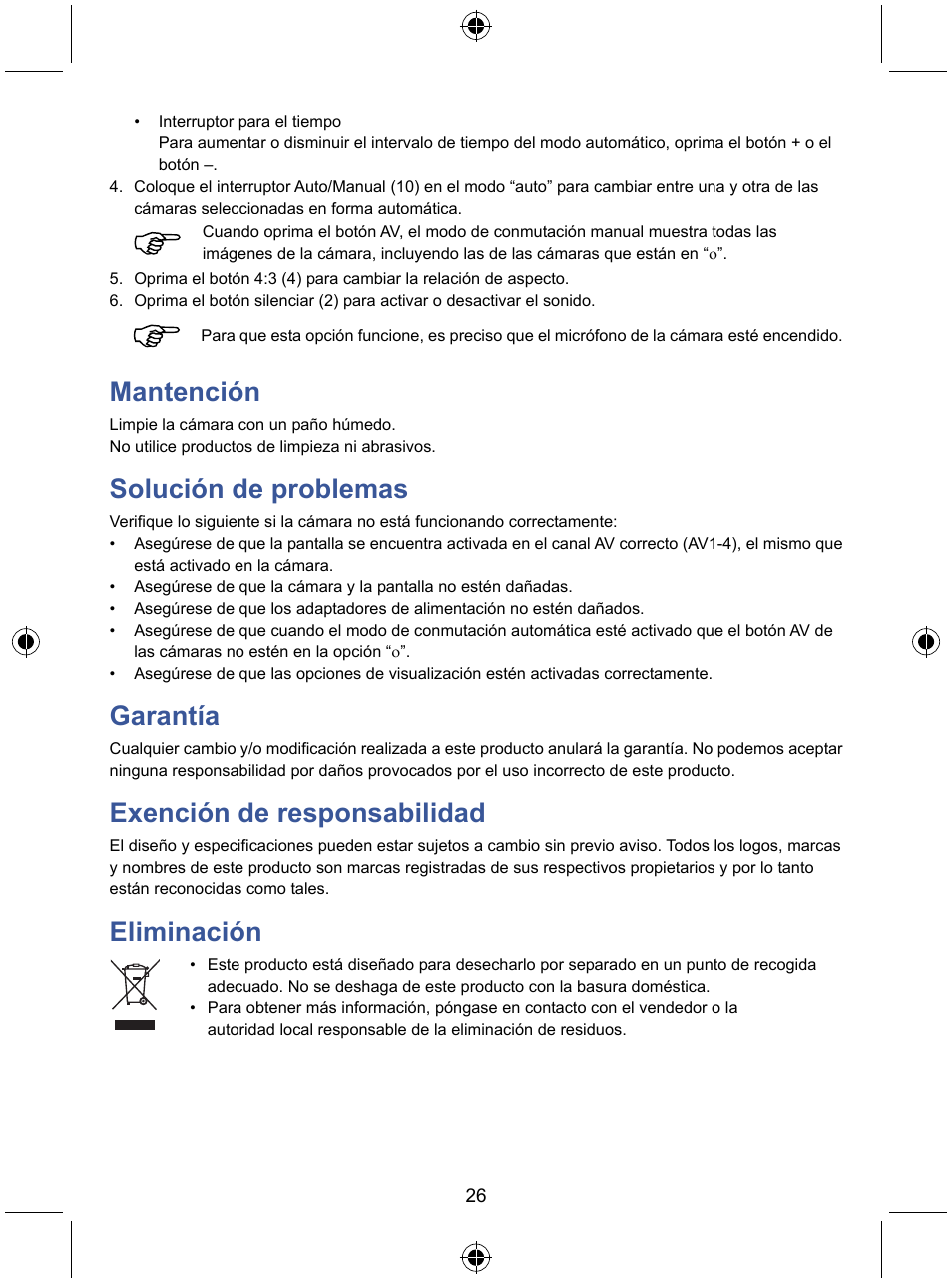 Mantención, Solución de problemas, Garantía | Exención de responsabilidad, Eliminación | Konig Electronic 7" LCD monitor with camera User Manual | Page 26 / 59