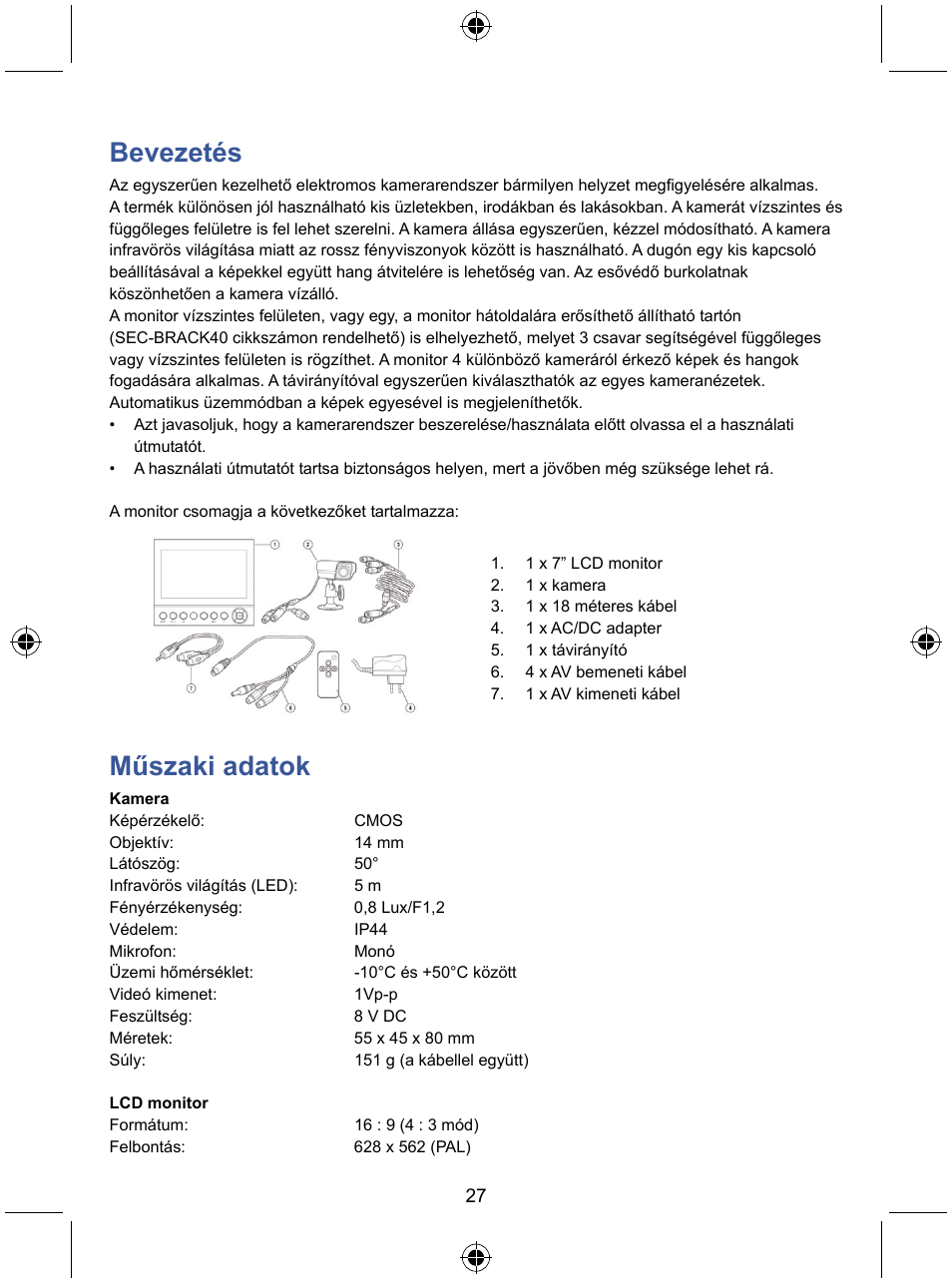 Bevezetés, Műszaki adatok | Konig Electronic 7" LCD monitor with camera User Manual | Page 27 / 59