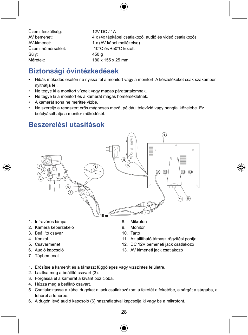Biztonsági óvintézkedések, Beszerelési utasítások | Konig Electronic 7" LCD monitor with camera User Manual | Page 28 / 59