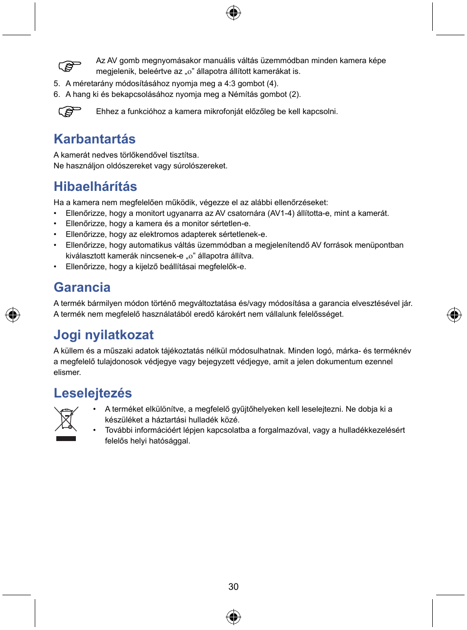 Karbantartás, Hibaelhárítás, Garancia | Jogi nyilatkozat, Leselejtezés | Konig Electronic 7" LCD monitor with camera User Manual | Page 30 / 59