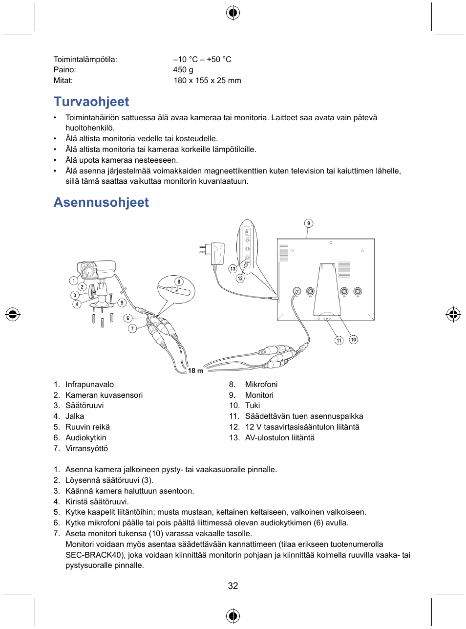 Turvaohjeet, Asennusohjeet | Konig Electronic 7" LCD monitor with camera User Manual | Page 32 / 59
