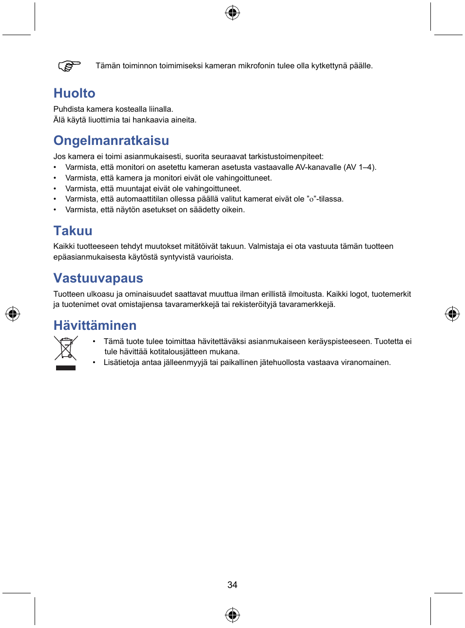 Huolto, Ongelmanratkaisu, Takuu | Vastuuvapaus, Hävittäminen | Konig Electronic 7" LCD monitor with camera User Manual | Page 34 / 59