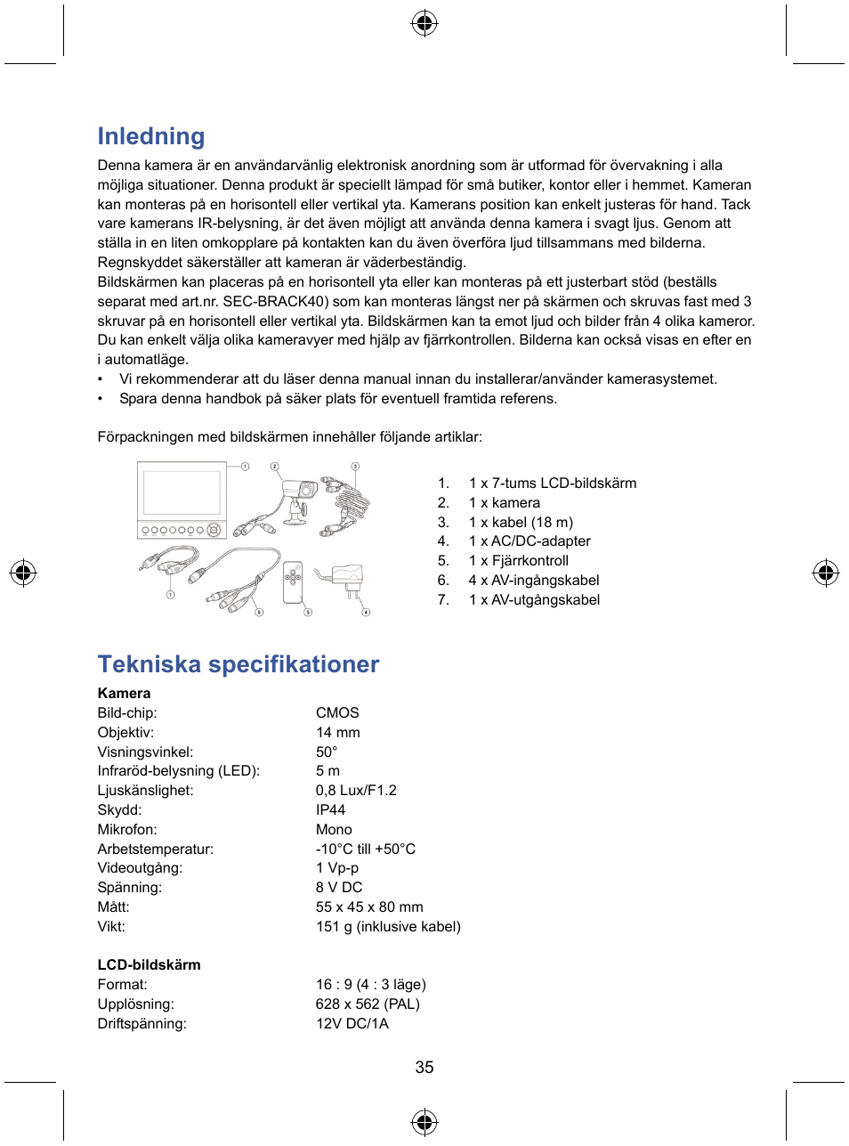 Inledning, Tekniska specifikationer | Konig Electronic 7" LCD monitor with camera User Manual | Page 35 / 59