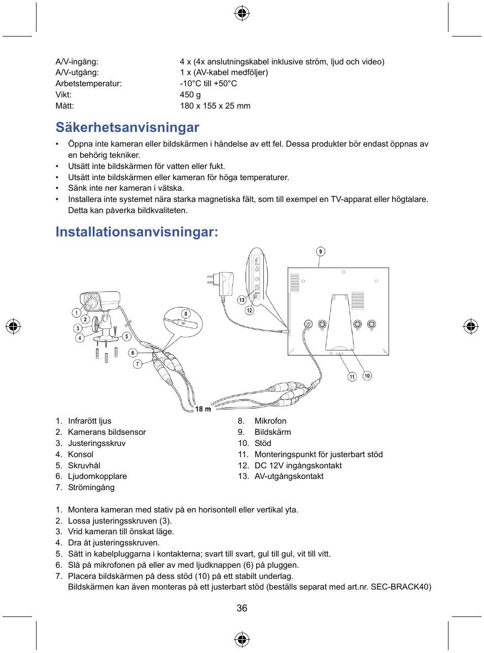 Säkerhetsanvisningar, Installationsanvisningar | Konig Electronic 7" LCD monitor with camera User Manual | Page 36 / 59