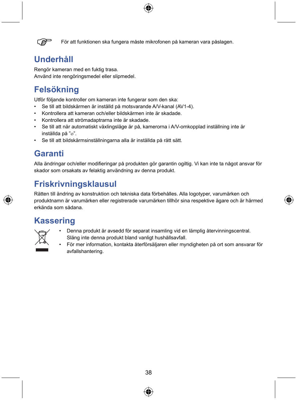 Underhåll, Felsökning, Garanti | Friskrivningsklausul, Kassering | Konig Electronic 7" LCD monitor with camera User Manual | Page 38 / 59