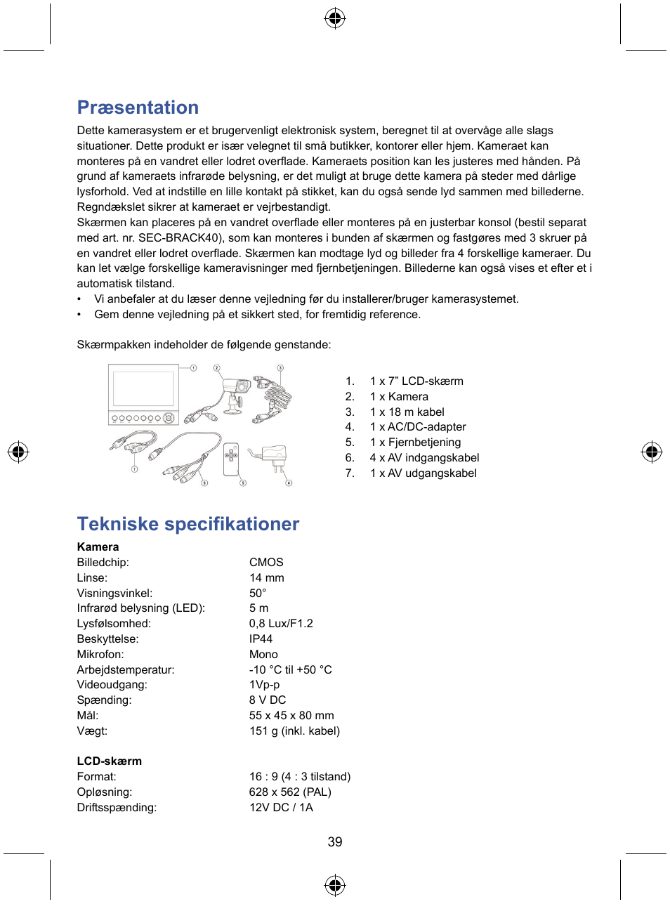 Præsentation, Tekniske specifikationer | Konig Electronic 7" LCD monitor with camera User Manual | Page 39 / 59