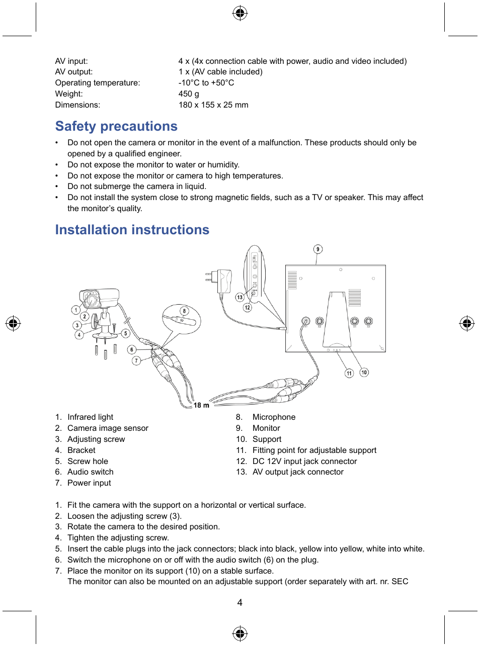 Safety precautions, Installation instructions | Konig Electronic 7" LCD monitor with camera User Manual | Page 4 / 59