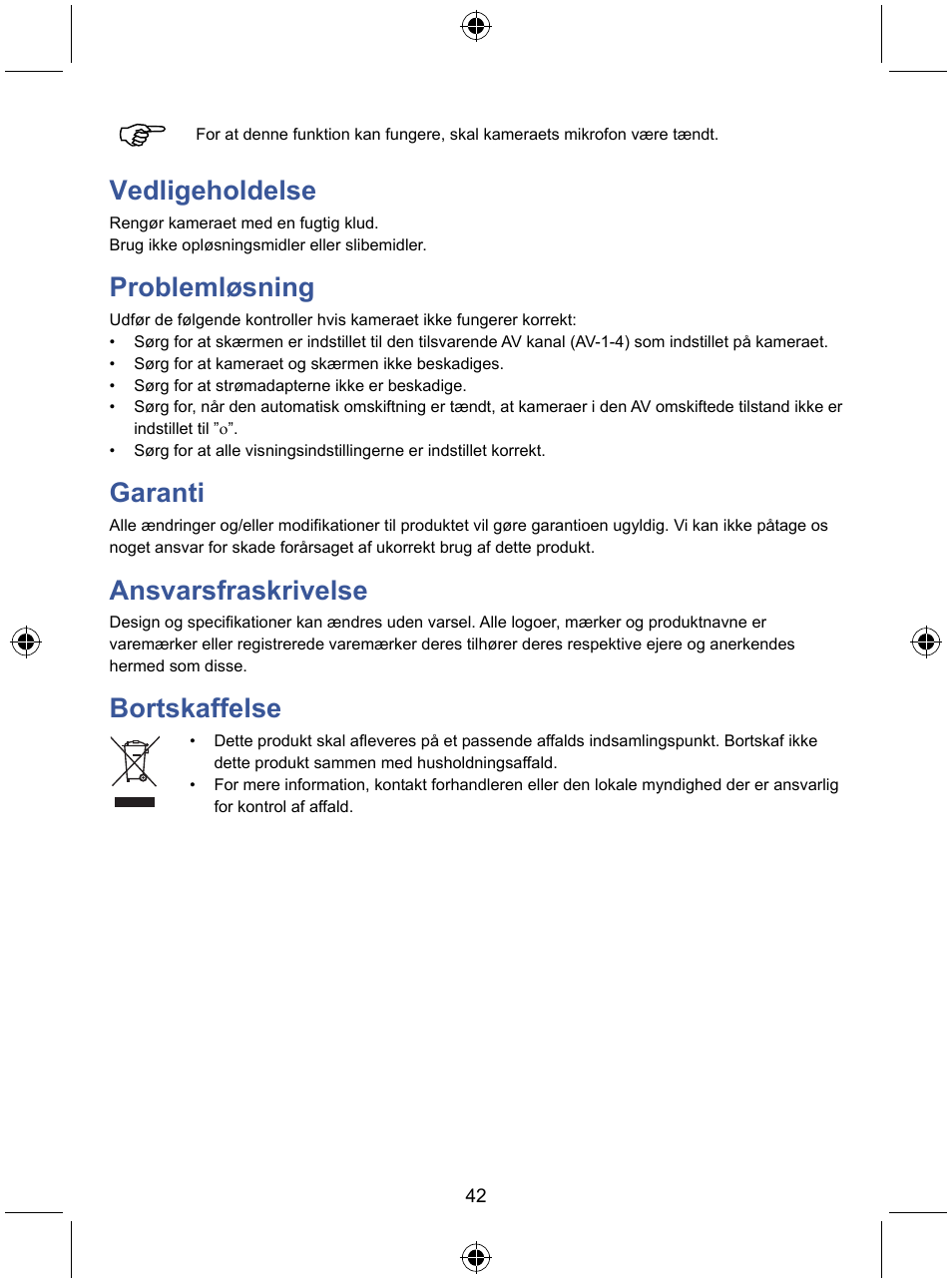 Vedligeholdelse, Problemløsning, Garanti | Ansvarsfraskrivelse, Bortskaffelse | Konig Electronic 7" LCD monitor with camera User Manual | Page 42 / 59