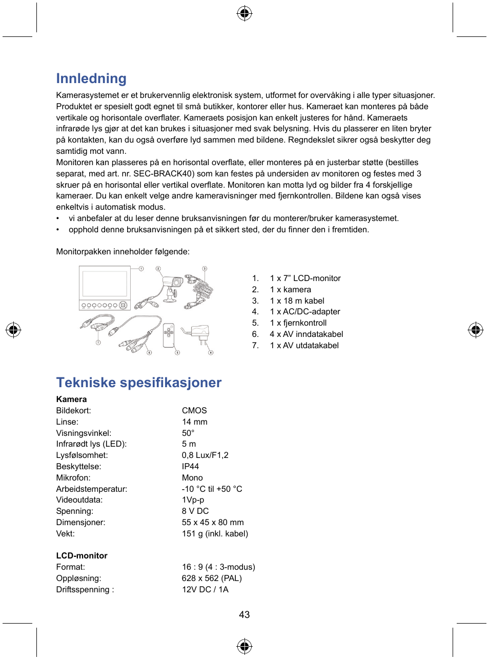 Innledning, Tekniske spesifikasjoner | Konig Electronic 7" LCD monitor with camera User Manual | Page 43 / 59