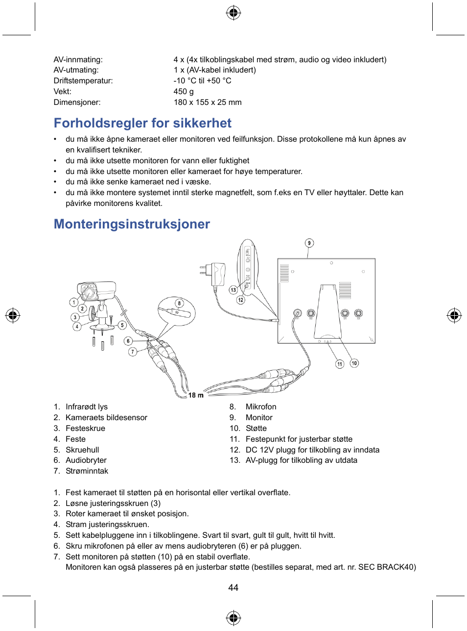 Forholdsregler for sikkerhet, Monteringsinstruksjoner | Konig Electronic 7" LCD monitor with camera User Manual | Page 44 / 59