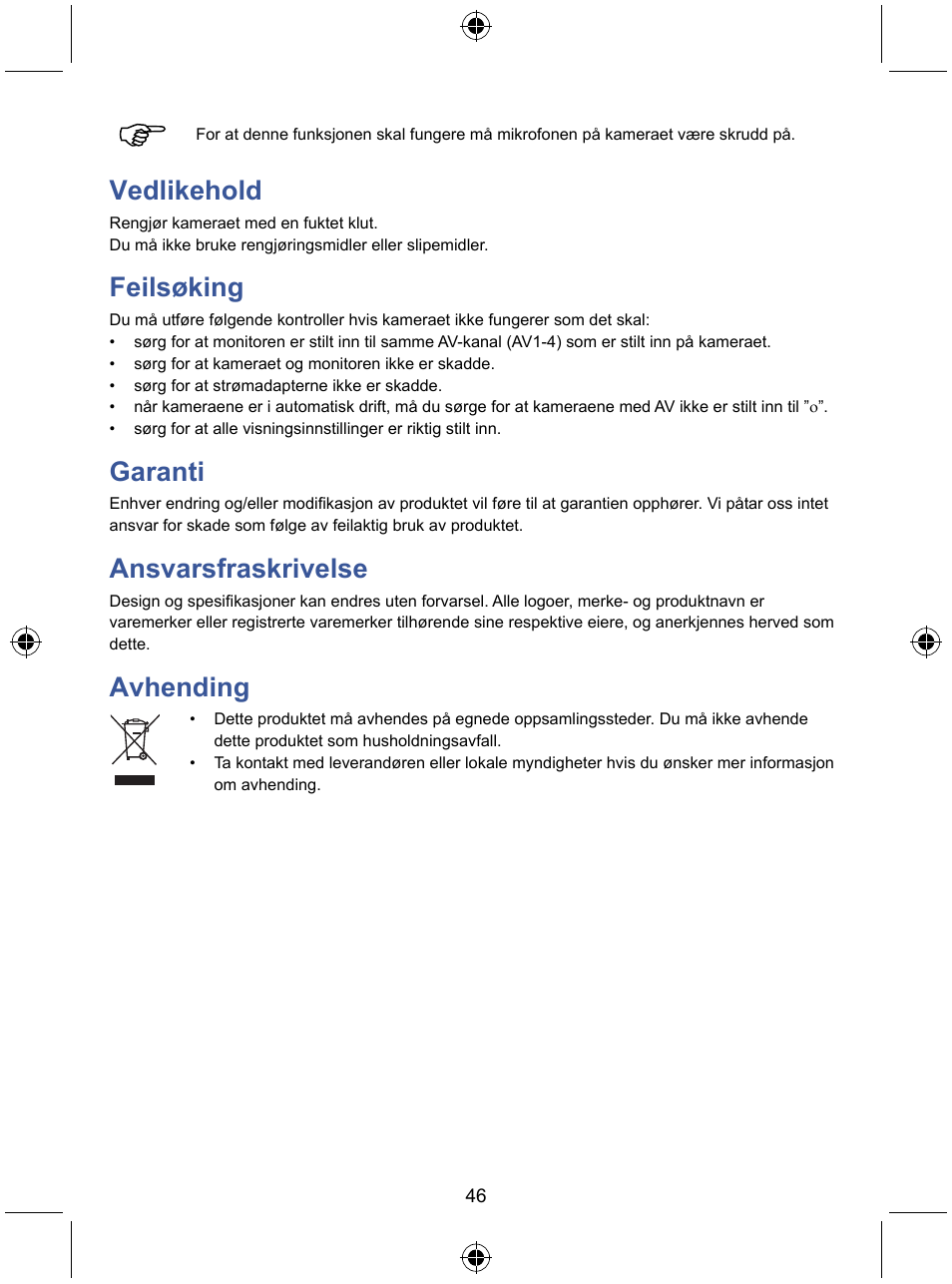 Vedlikehold, Feilsøking, Garanti | Ansvarsfraskrivelse, Avhending | Konig Electronic 7" LCD monitor with camera User Manual | Page 46 / 59