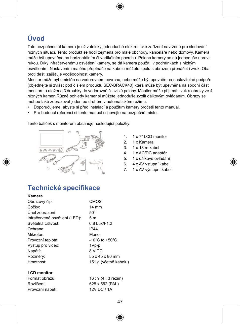 Úvod, Technické specifikace | Konig Electronic 7" LCD monitor with camera User Manual | Page 47 / 59