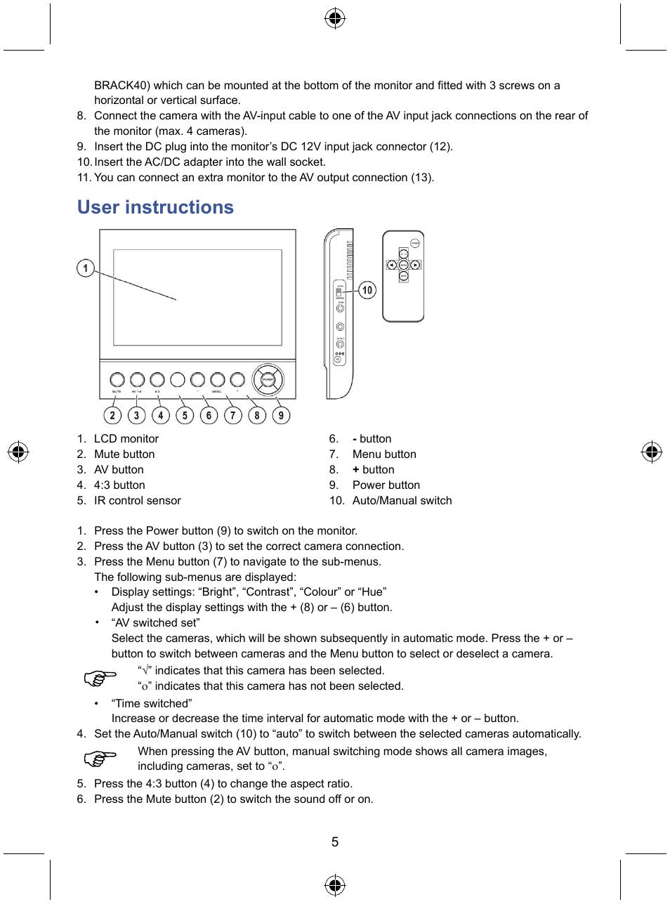 User instructions | Konig Electronic 7" LCD monitor with camera User Manual | Page 5 / 59