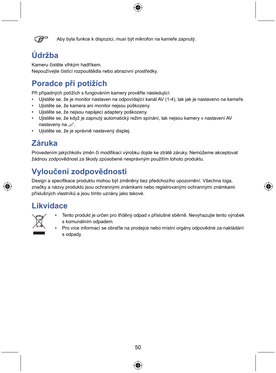 Údržba, Poradce při potížích, Záruka | Vyloučení zodpovědnosti, Likvidace | Konig Electronic 7" LCD monitor with camera User Manual | Page 50 / 59