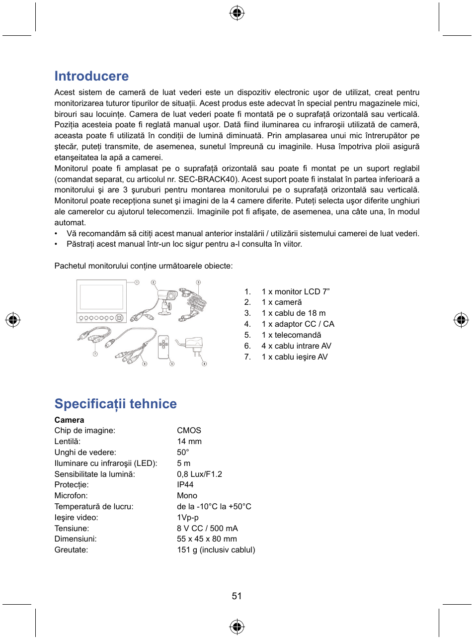 Introducere, Specificaţii tehnice | Konig Electronic 7" LCD monitor with camera User Manual | Page 51 / 59