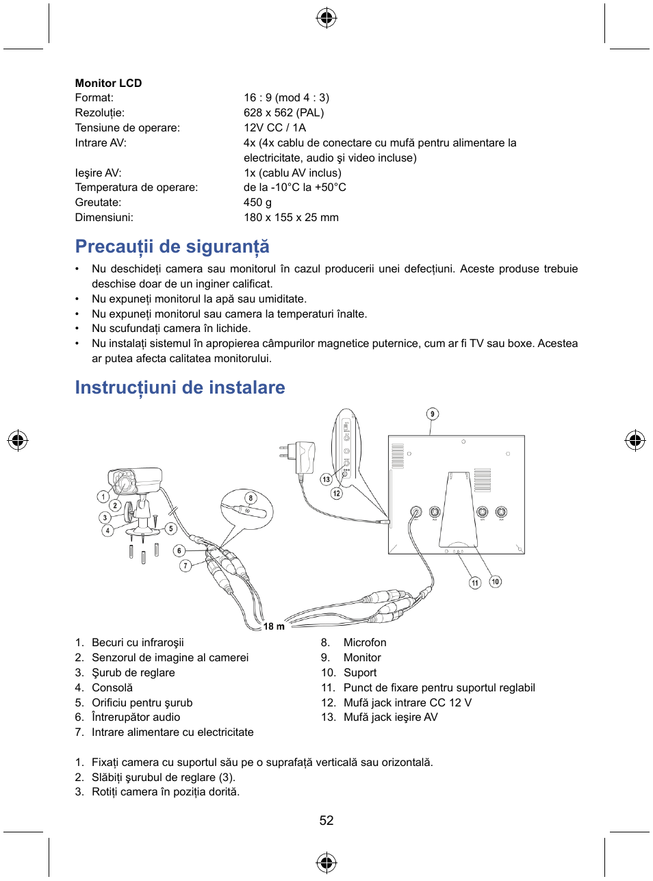 Precauţii de siguranţă, Instrucţiuni de instalare | Konig Electronic 7" LCD monitor with camera User Manual | Page 52 / 59