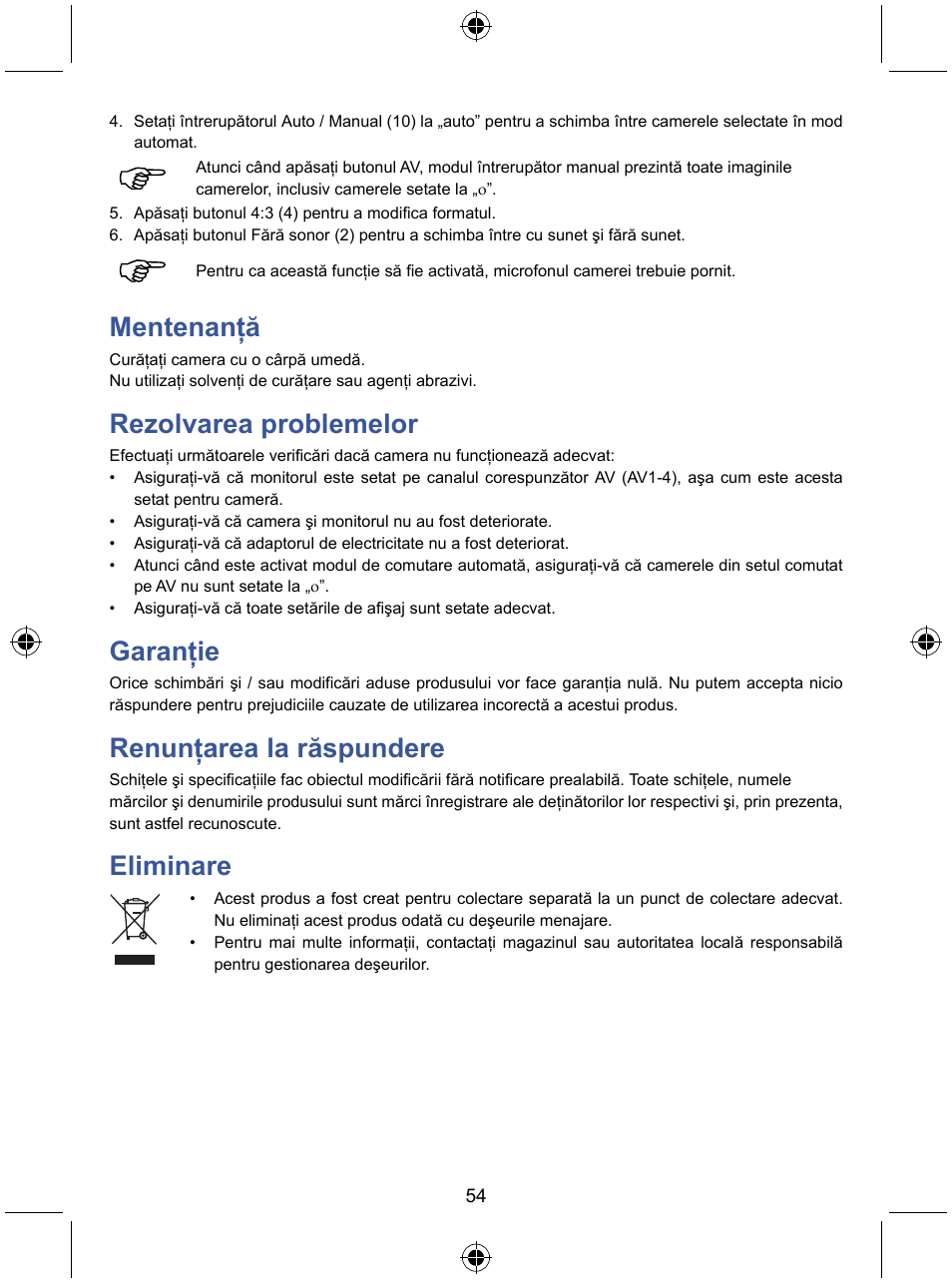 Mentenanţă, Rezolvarea problemelor, Garanţie | Renunţarea la răspundere, Eliminare | Konig Electronic 7" LCD monitor with camera User Manual | Page 54 / 59