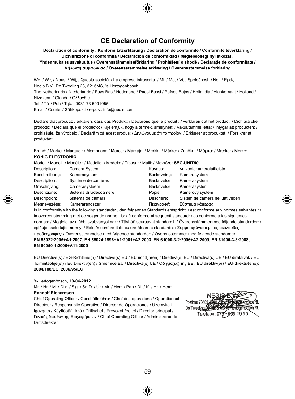Ce declaration of conformity | Konig Electronic 7" LCD monitor with camera User Manual | Page 59 / 59