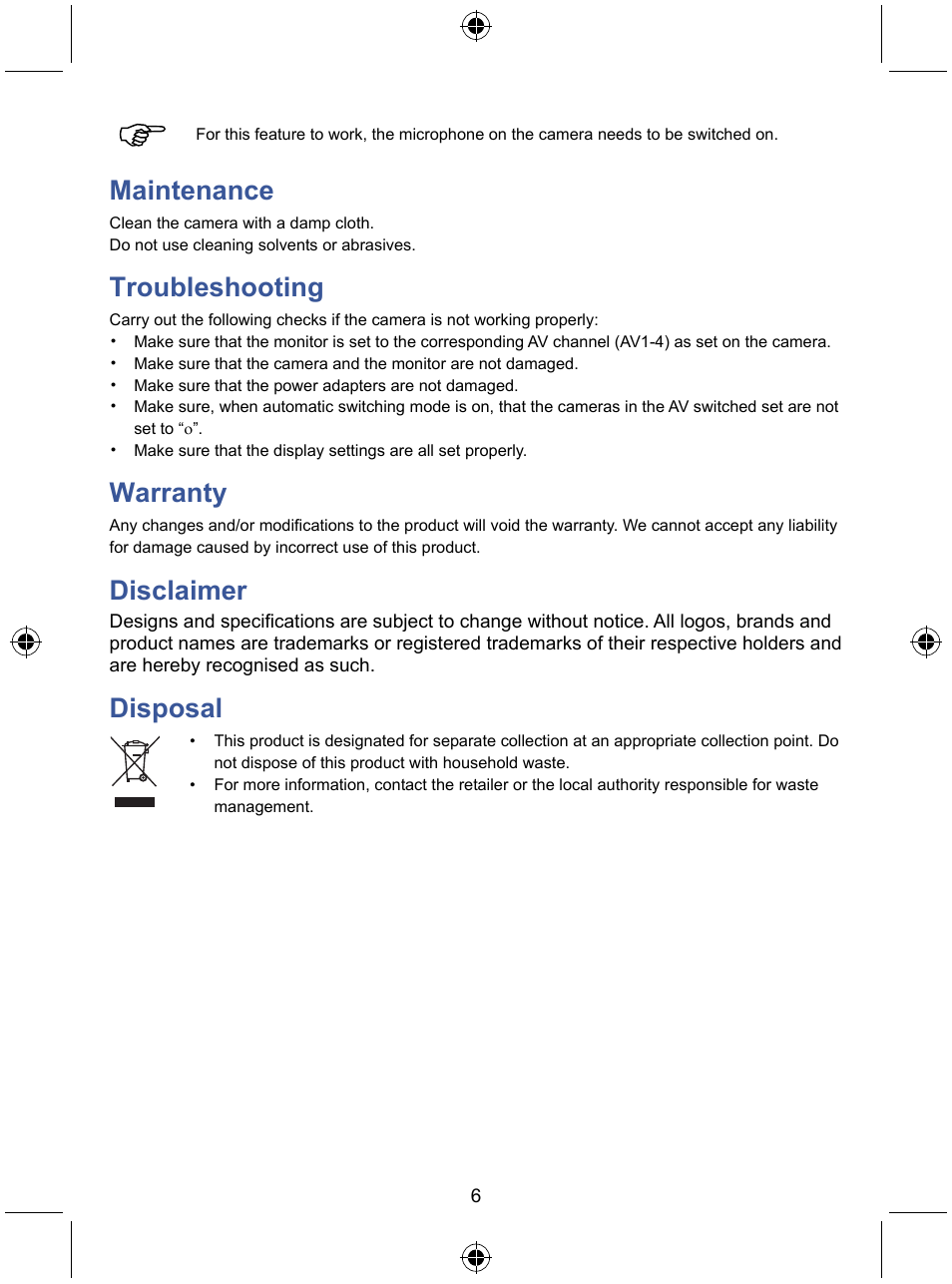Maintenance, Troubleshooting, Warranty | Disclaimer, Disposal | Konig Electronic 7" LCD monitor with camera User Manual | Page 6 / 59