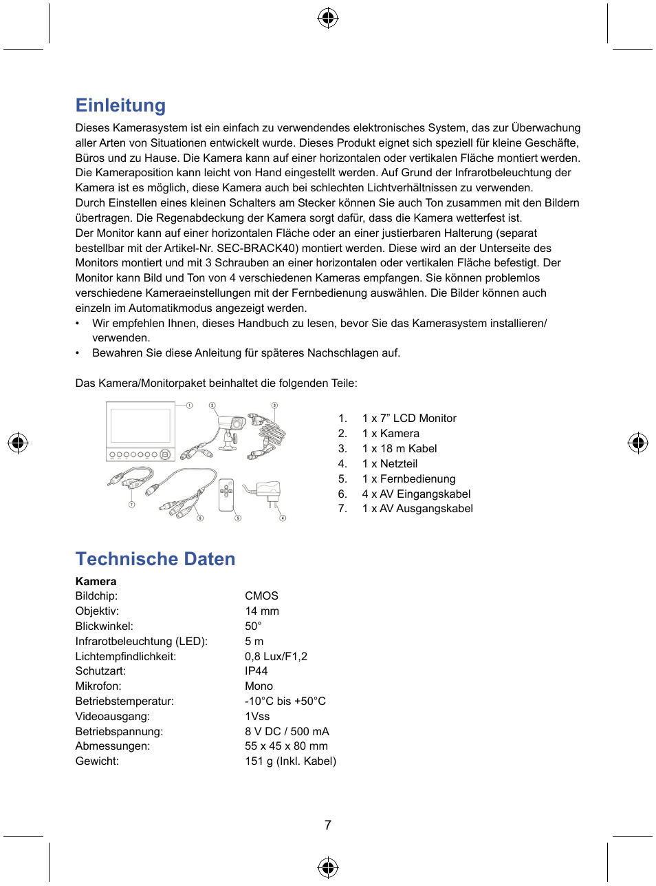 Einleitung, Technische daten | Konig Electronic 7" LCD monitor with camera User Manual | Page 7 / 59