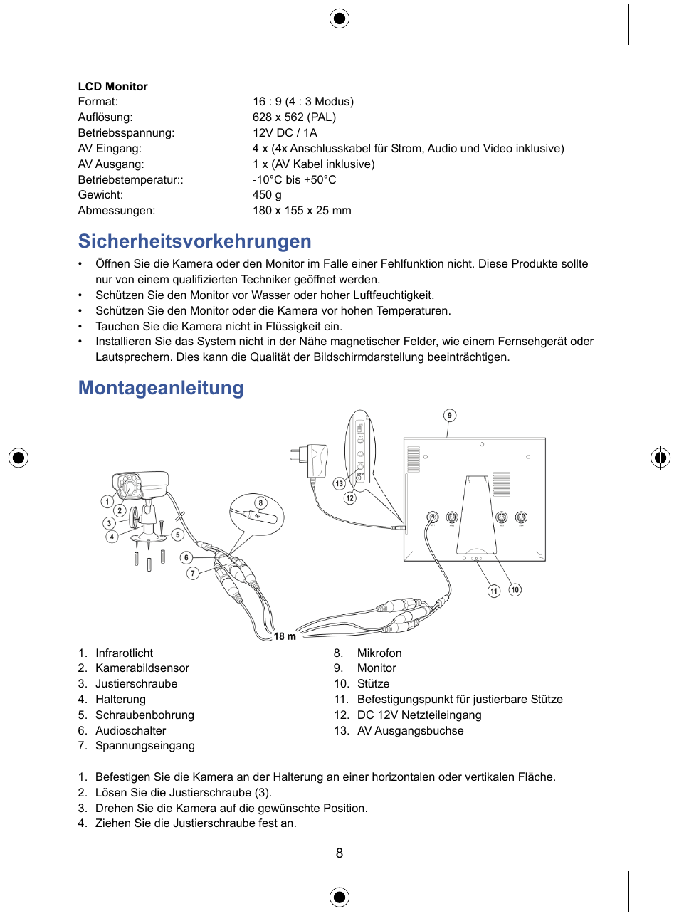 Sicherheitsvorkehrungen, Montageanleitung | Konig Electronic 7" LCD monitor with camera User Manual | Page 8 / 59