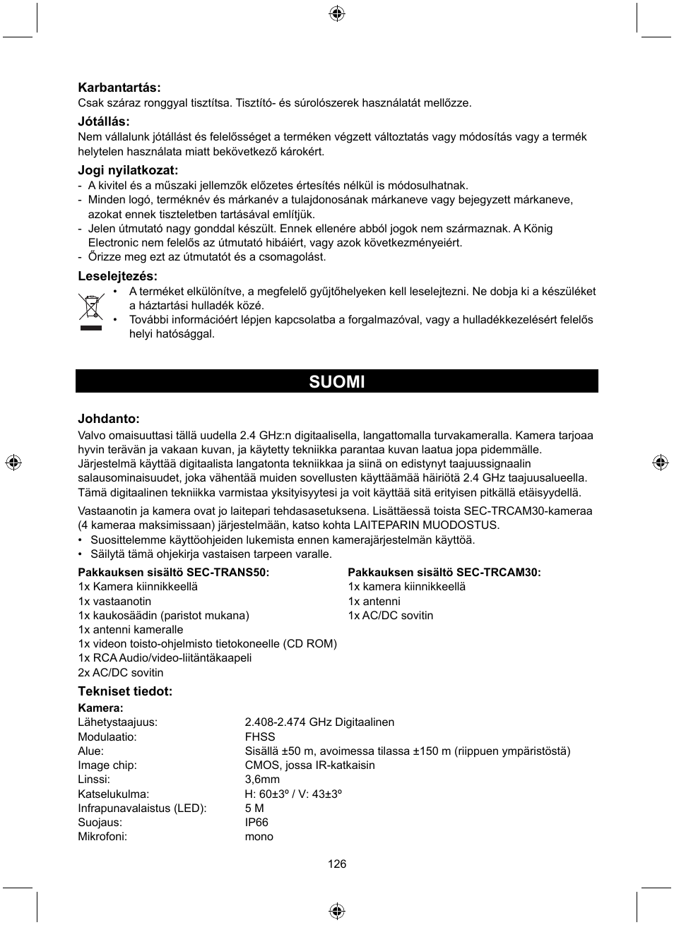 Suomi | Konig Electronic Digital 2.4 GHz wireless camera system User Manual | Page 126 / 252