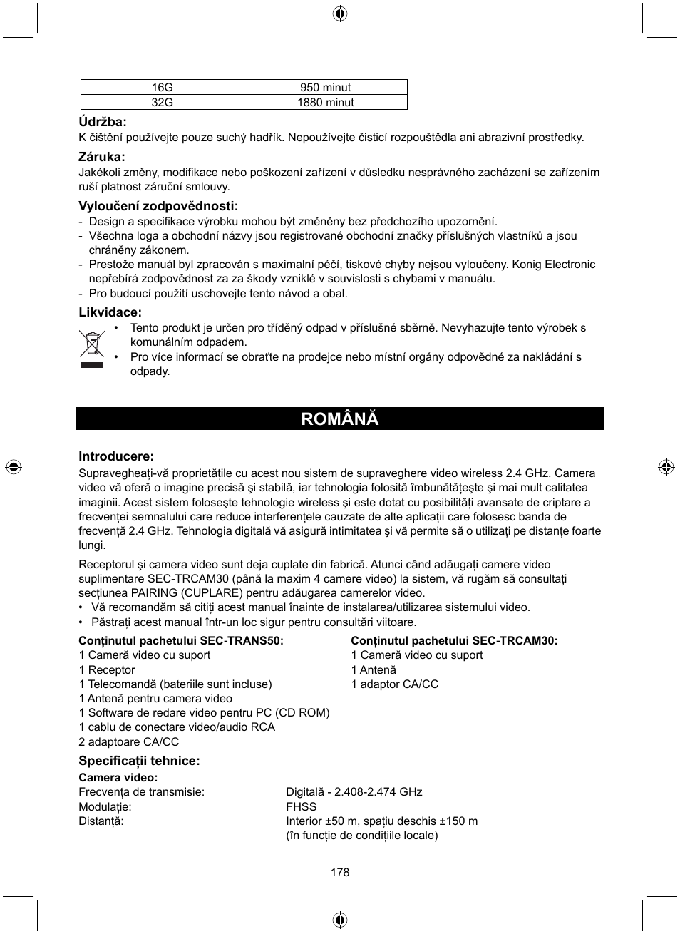 Română | Konig Electronic Digital 2.4 GHz wireless camera system User Manual | Page 178 / 252