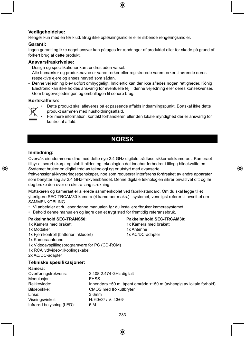 Norsk | Konig Electronic Digital 2.4 GHz wireless camera system User Manual | Page 233 / 252