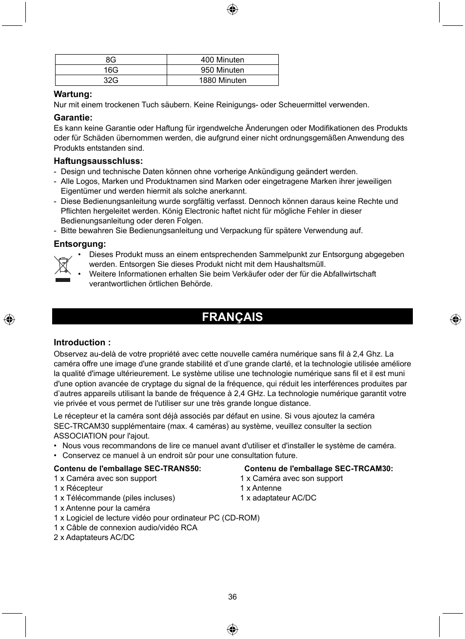 Français | Konig Electronic Digital 2.4 GHz wireless camera system User Manual | Page 36 / 252