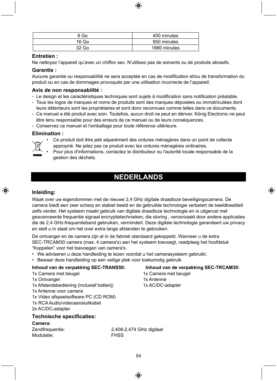 Nederlands | Konig Electronic Digital 2.4 GHz wireless camera system User Manual | Page 54 / 252